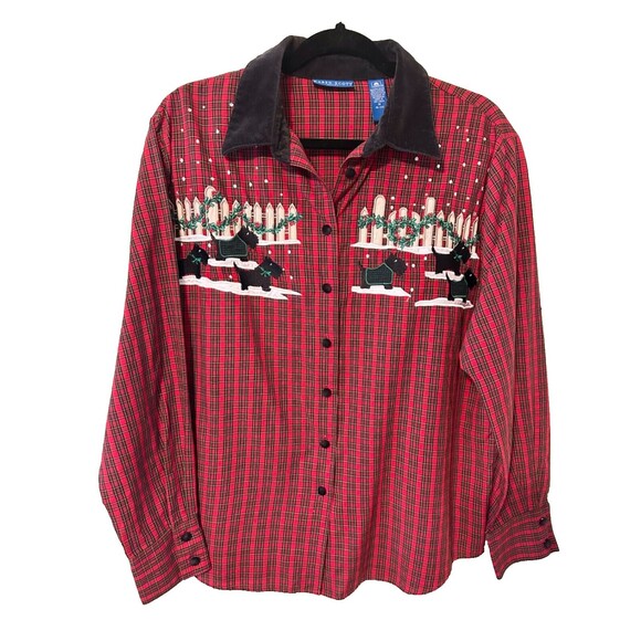 VTG Karen Scott Plaid Button Up Shirt Christmas Holly Scottish Terrier Woman’s M - Picture 1 of 10